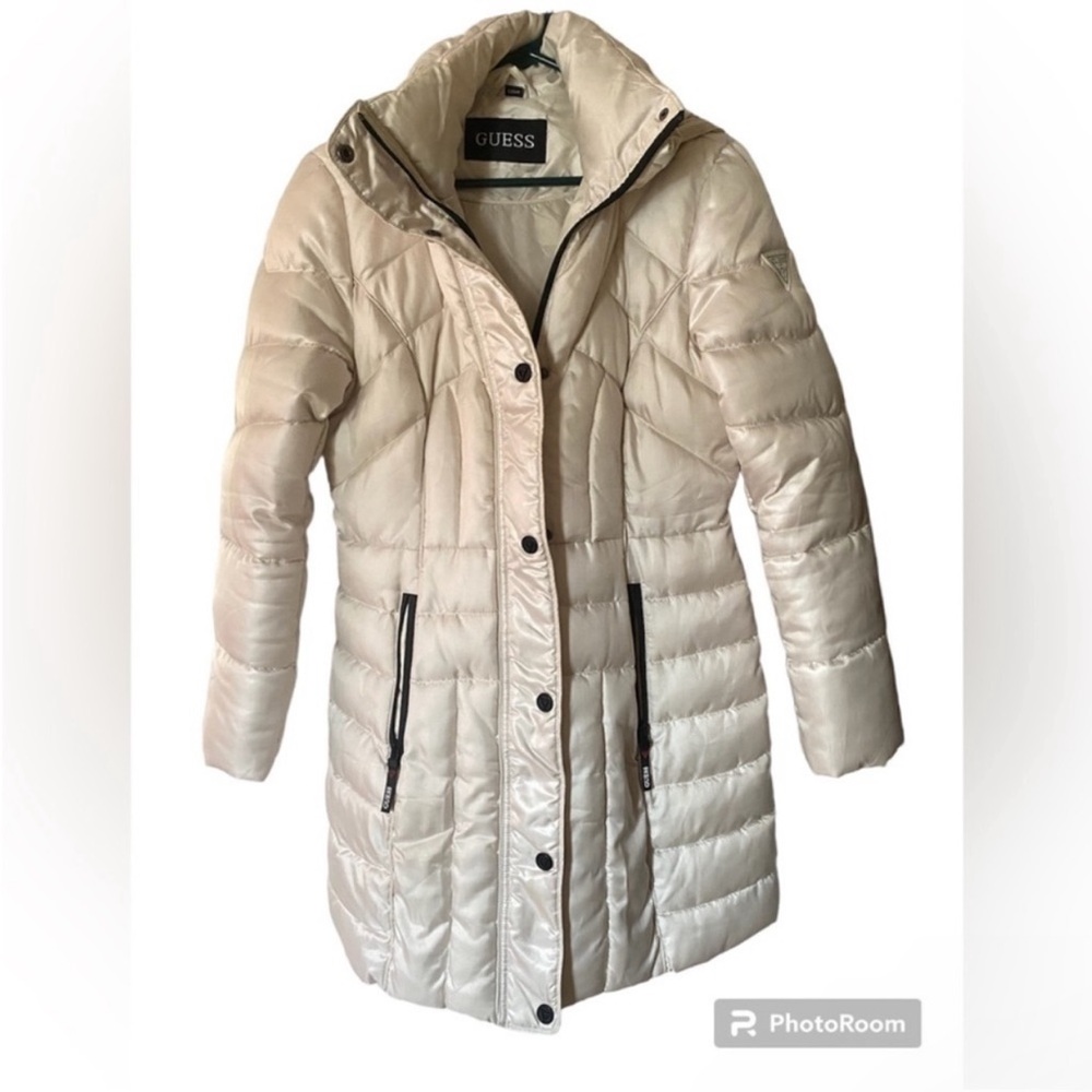 Guess iridescent ivory long line puffer women’s winter coat
